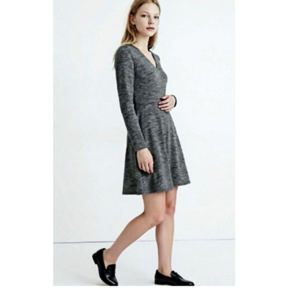 Madewell Tweed Knit V Neck A Line Dress Womens 4 Grey Long Sleeve Mini Tailored